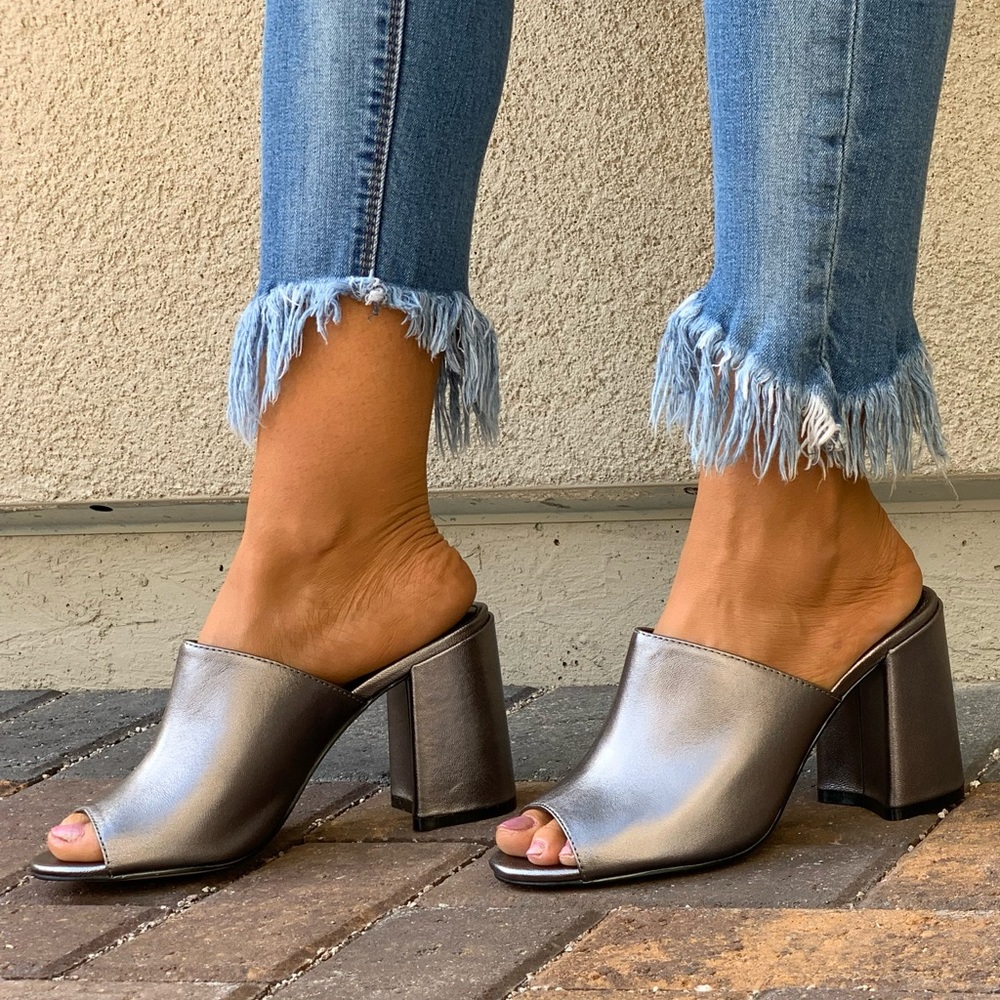 Metallic Silver Leather Peep Toe Chunky Heel Mule - Picture 2 of 8